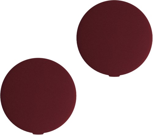 Two dark red circular objects on a white background, possibly ping-pong balls.
