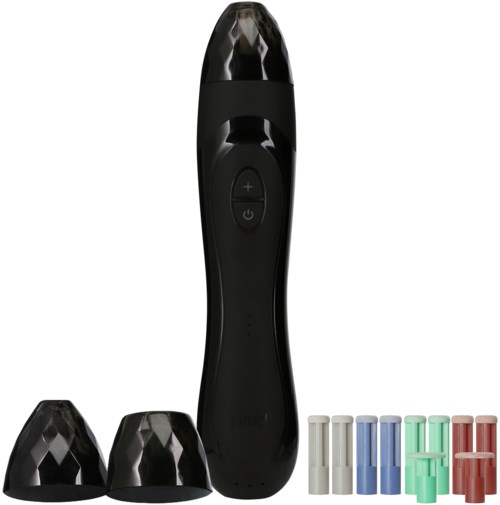 A black device with buttons and three different colored attachments or heads. It appears to be a skincare or beauty tool.