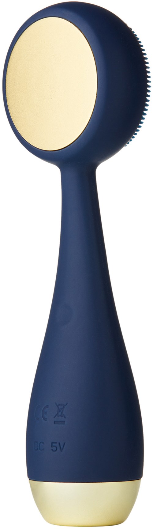 A handheld device with a round head and a handle, likely a light or lamp, with a cream and dark blue color.