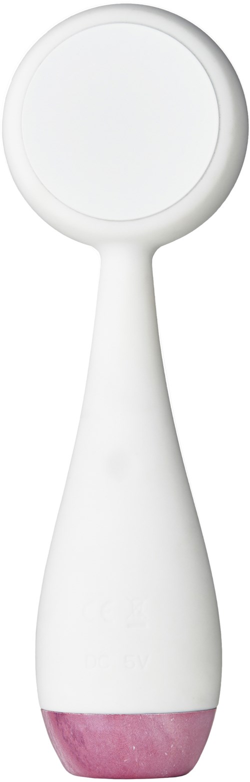 Et hvidt håndholdt forstørrelsesglas med en lyserød bund. Linsen er stor og rund. Det bruges til at læse små tekst.