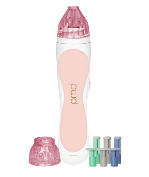 En rosa og hvit enhet med avtakbar rosa hette, seks fargekodede tilbehør og ordet 'pmd' på.