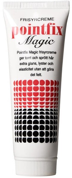 En vit tub med Pointfix Magic ansiktskräm med röda och svarta prickar och text på svenska.