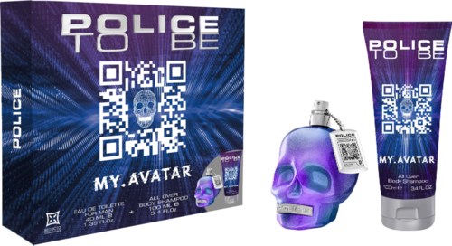 A gift set includes a box, a perfume bottle shaped like a skull, and a body lotion tube, all themed around police.