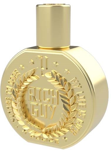 En gylden parfume flaske med rund form, gravering med laurbærblad og ordene "RICH GIL" og "LIKE THE BEST."