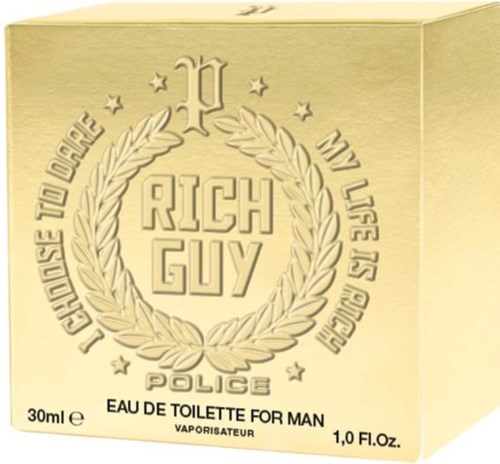 En beige æske med forgyldt design, står "Rich Guy" og "Police." Den indeholder 30 ml, til herreparfume.