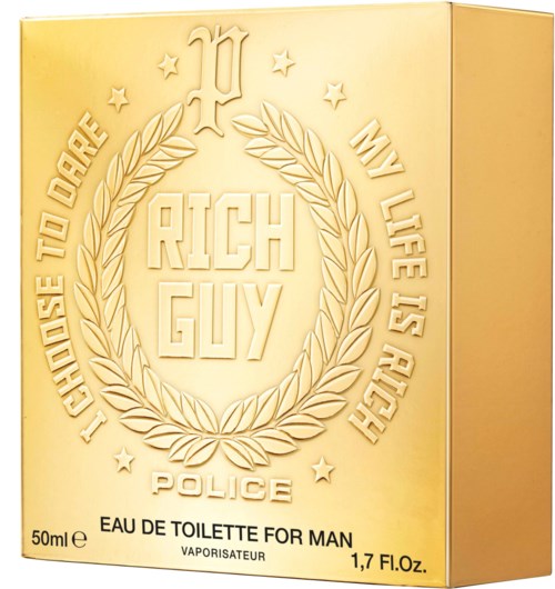 En 50ml parfymeflaske med guldfarvet emballage, med ordene "Rich Guy" og sætninger om at vælge et rigt liv.