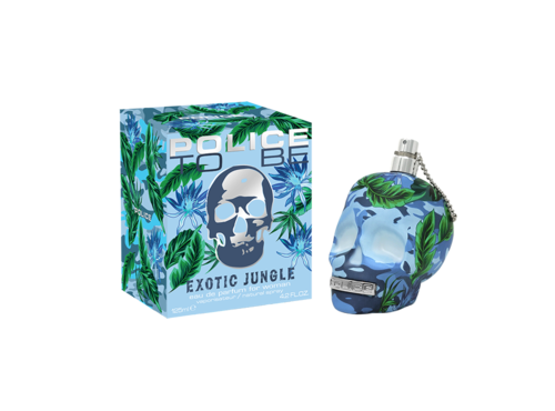 En parfymeflaske og eske med jungletema, med blader, blomster og en skull-logo. Esken sier 'Exotic Jungle'.