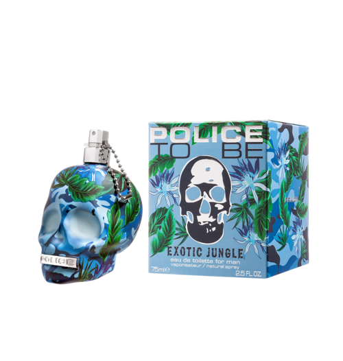 En parfyml Flaske med skalle og en eske med tropiske planter, merket 'Police To Be Exotic Jungle'.