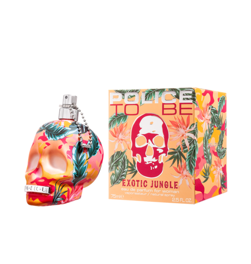 A perfume bottle with a tropical leaf design and a matching box labeled 'Duce To Be Exotic Jungle' for women.