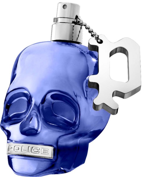 A blue skull-shaped perfume bottle with a skull-shaped key attached.