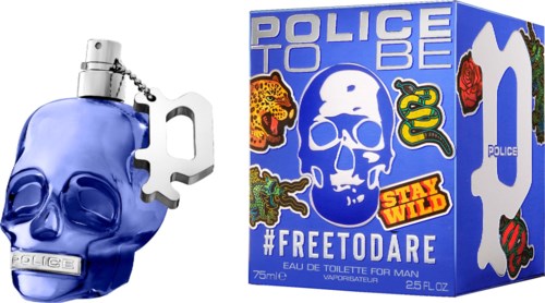 A blue skull-shaped bottle of men's perfume with a badge and a colorful box with skull and snake illustrations.