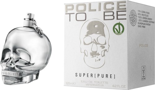 En parfyllåda formad som ett märke och en box märkt 'Police To Be' och 'Super Pure', vilket indikerar en doft.
