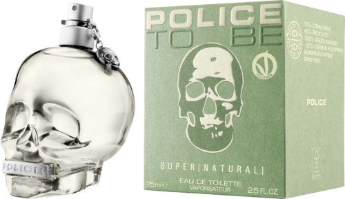 A perfume bottle shaped like a skull and a box with a skull design on it.