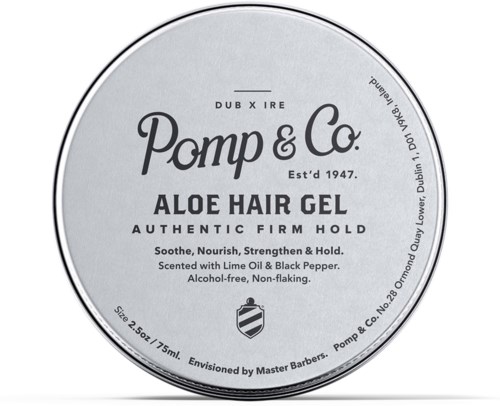 En rund, silver behållare märkt som aloe hårgel, med svart text och en liten sköldlogga, visar enkel produktinformation.