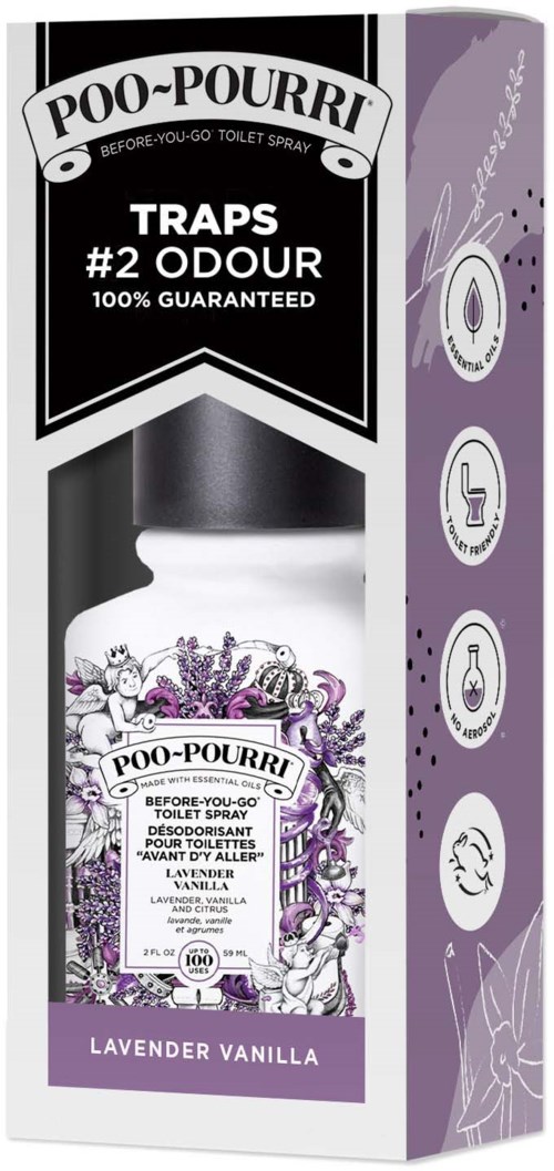 Pojemnik na spray z zapachem lawendy i wanilii, oznaczony jako spray do toalety, z instrukcjami i symbolami z boku.