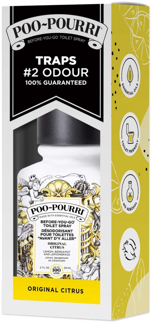 butelka spryskiwacza o zapachu cytrusów do odświeżania toalety, oznaczona 'Poo-Pourri Original Citrus'.