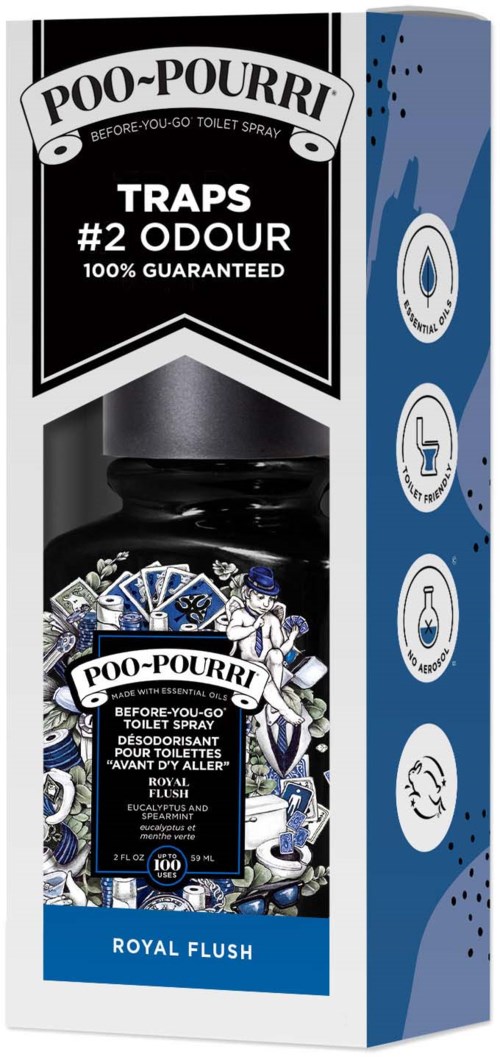 O takarz pachnący Poo-Pourri z niebiesko-czarnym wzorem, skierowany na zapachy z toalety, oznaczony jako Royal Flush.