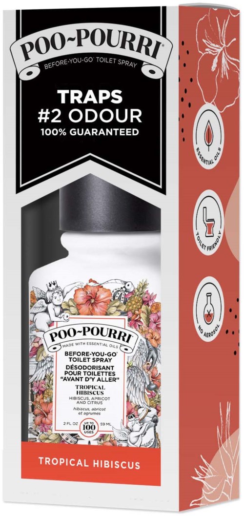 Spray do WC oznaczony 'POO-POURRI' z kwiatowym wzorem, zapach 'Tropical Hibiscus' oraz instrukcje użycia i składniki.