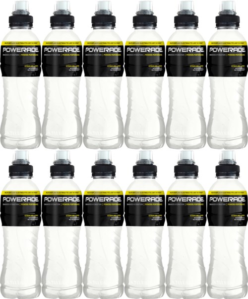 Two rows of ten Powerade bottles each, filled with clear liquid, with black and yellow labels and white caps.