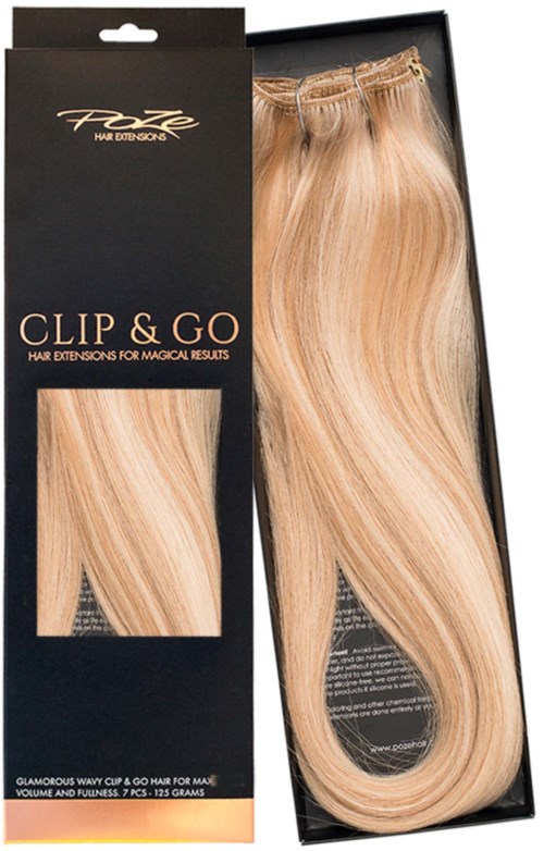 Blont hårförlängningar i en svart låda märkt "Clip & Go" för enkel fastsättning och naturligt utseende.