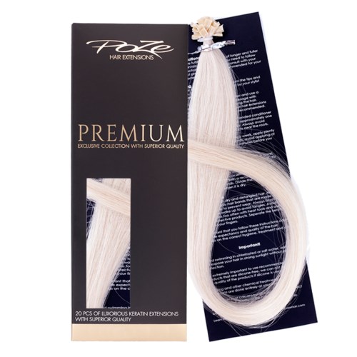 A black and white box with hair extensions, showing 20 pieces of light blonde keratin extensions with superior quality.