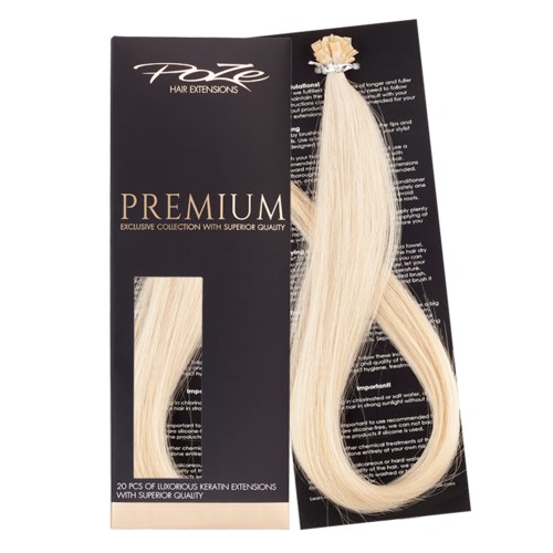 Blonde hair extension piece on black and beige packaging, labeled as premium, with 20 pieces inside.