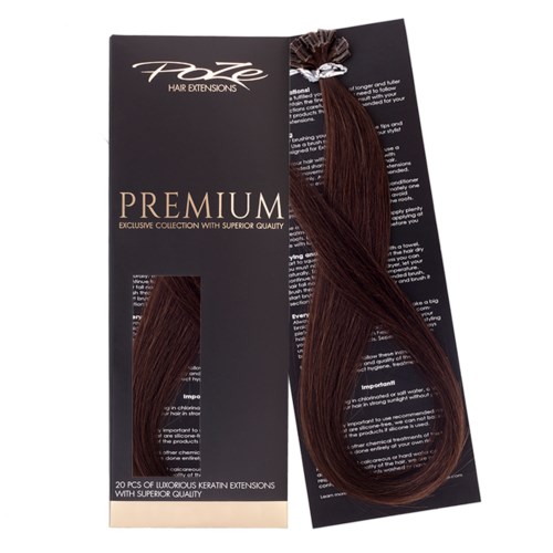 A package of brown hair extensions labeled "Premium" with 20 pieces, made of luxurious keratin, on a black background.