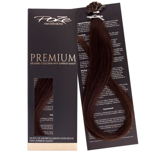 A hair extension bundle with a brown color, attached to black and beige packaging, labeled 'Premium' and 'Proze.'