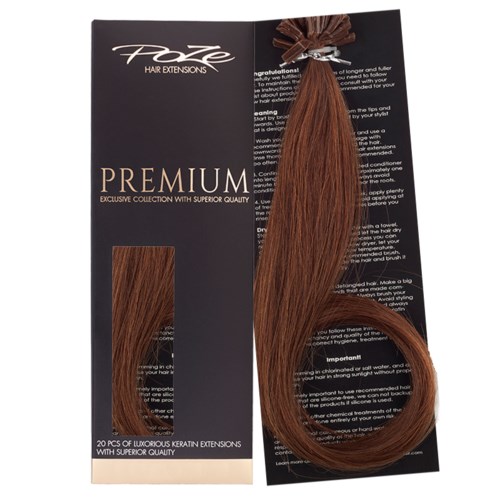A brown hair extension tied with a band, attached to a black and white instruction card, labeled 'Poze' and 'Premium'.