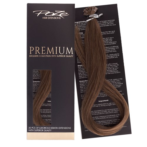 A pack of 20 brown hair extensions with a black and gold box label, showing a sample of the hair. The extensions are tied in a bundle.