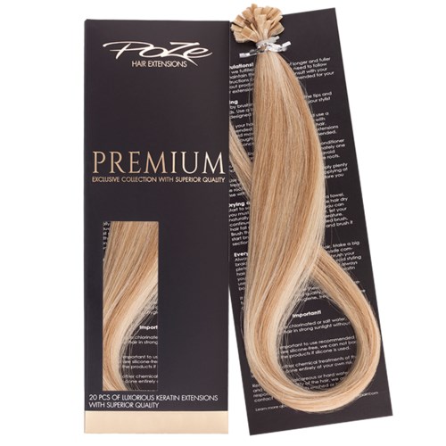 Blonde hair extension tied with a beige ribbon on black packaging, labeled 'Premium' and containing 20 pieces.
