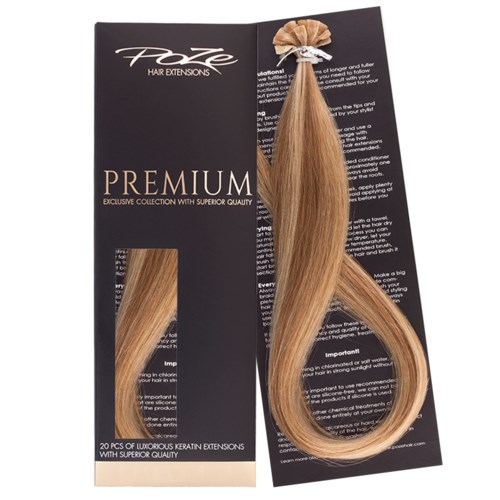 En svart pakke med blonde hårforlengelser festet, merket 'Premium' og '20 pcs luksus keratinforlengelser.'