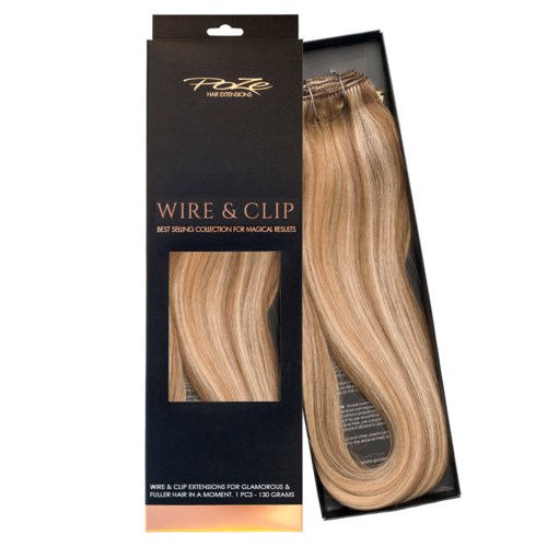 En eske med blonde hårforlengelser kalt 'Wire & Clip', egnet for å legge til lengde eller volum.