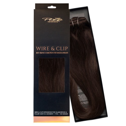 En eske med mørkebrune hårforlengelser, merket 'Wire & Clip,' for å legge til lengde og volum til håret.