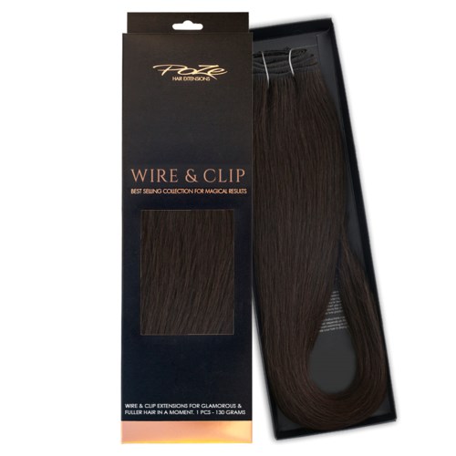 Et hårforlengelsestilbehør kalt 'Wire & Clip' med brunt hår i en svart eske og litt tekst på pakken.