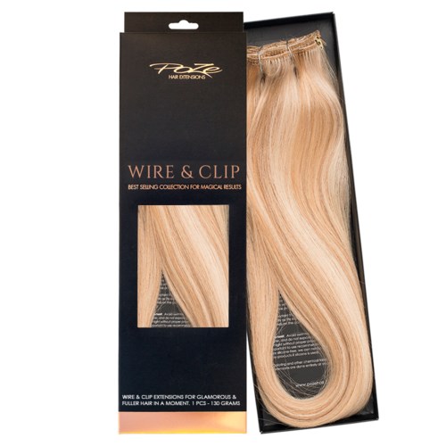 Blondes hårforlengelsessett med klemmer i en svart eske. Den er merket 'Wire & Clip'.