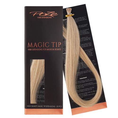 En æske med blond hårforlængelser kaldet 'Magic Tip' med en prøve viser langt, lige hår.