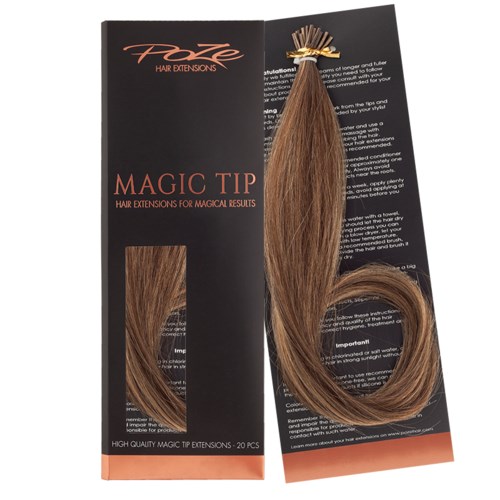En pakke med hårforlængelser kaldet 'Magic Tip' med 20 stykker, med brunt hår og guldspænder.