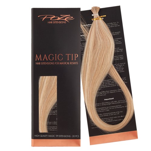 Ett paket hårförlängningar som heter 'Magic Tip' med 20 delar, visar blont hår bundet i toppen.