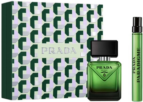 Prada Milano parfymegavesæt med grøn flaske, roll-on og mønstret æske.