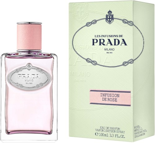 A pink perfume bottle next to a light green box labeled 'Prada' and 'Rose infusion' in elegant font.