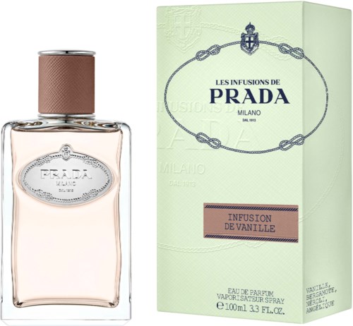 A Prada perfume bottle with a light pink liquid, and a green box with blue and pink text, indicating vanilla scent.