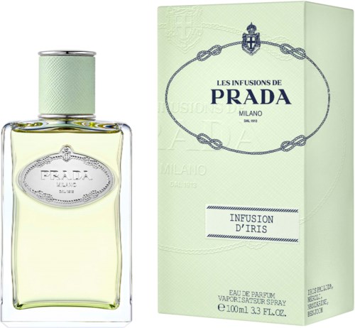 A Prada perfume bottle and box, with light green color and simple design, showing the brand name and scent.