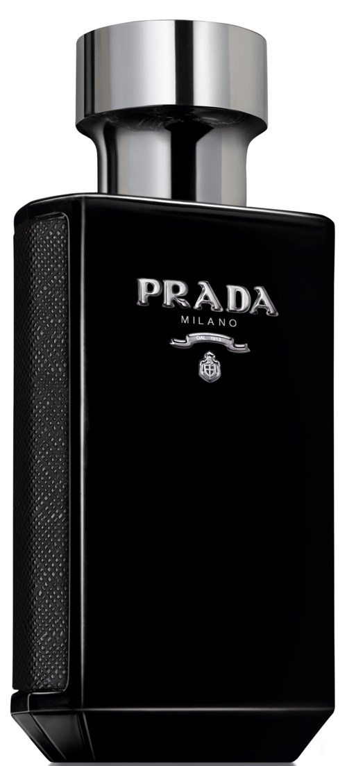 En svart Prada Milano-parfymflaska med silverlock, enkel design och varumärkesnamn på framsidan.