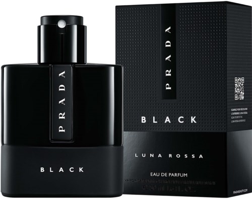 En svart parfyllfko och box märkt Prada Luna Rossa Black.