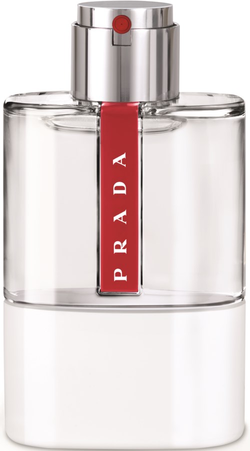 En tydlig parfylflaska med röd etikett och silverlock, visar ordet "PRADA".
