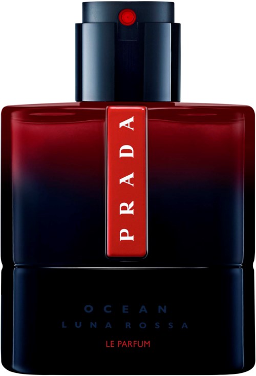 A perfume bottle with a black and red design, labeled 'Prada' and 'Ocean Luna Rossa.'