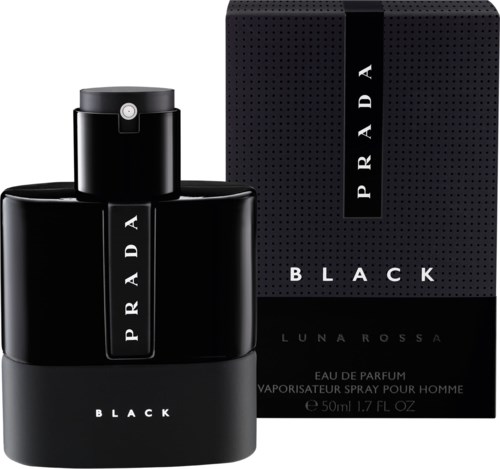 A black perfume bottle and box with Prada branding, labeled "Black", and notes of luxury and elegance.