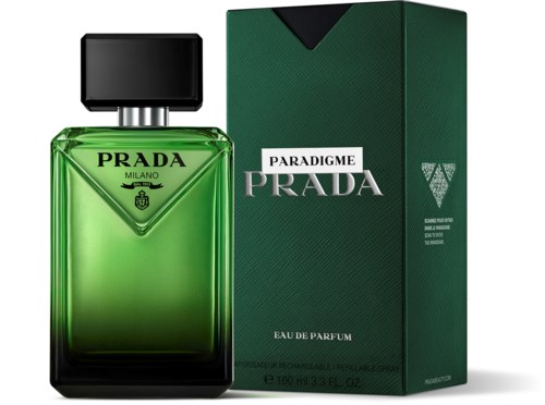 Green Prada perfume bottle with black cap and green box label saying 'Paradigm Prada Eau de Parfum'.
