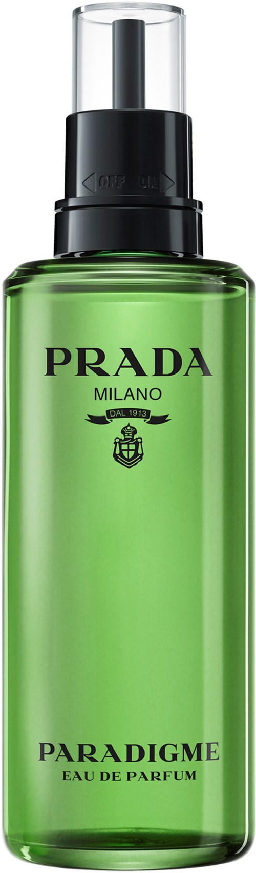 Grøn parfymeflaske med sort og gennemsigtig hætte, Prada-logo og 'Paradigm Eau de Parfum'-tekst.
